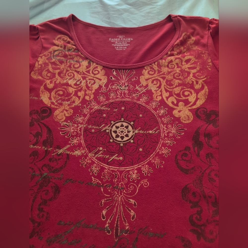 Faded Glory Top T-shirt Women's L Orange/Gold Boho Artsy Graphic Hippie Ruched